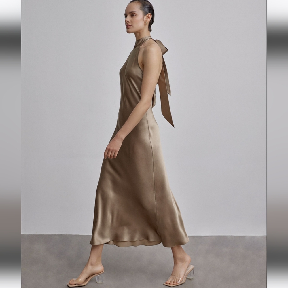 NWT French Bow Halterneck Silk Maxi Dress (Champagne) - Silk Maison